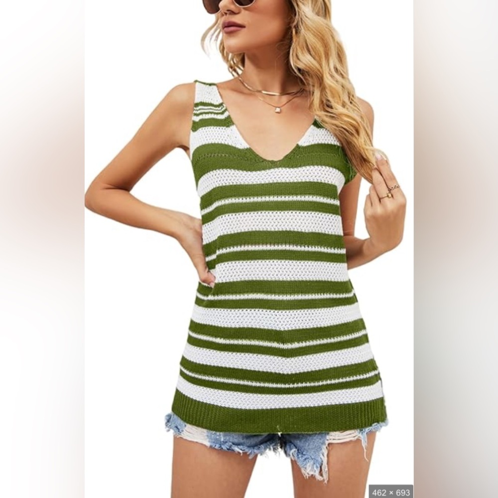 Floral Blooming - Women open crochet v neck striped tank - green - L - new